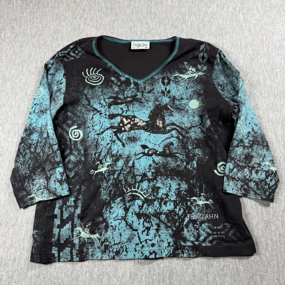 Cactus Bay Shirt Womens XXL Black Turquoise Southwestern Horse Print Top